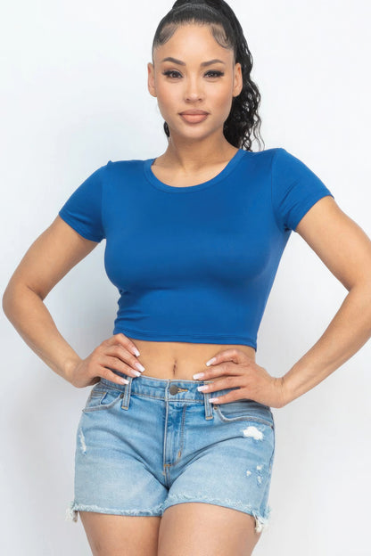 Short Sleeve Round Neck Crop Top – Polyester & Spandex, Perfect for Casual Outings & Trendy Looks with High-Waisted Bottoms