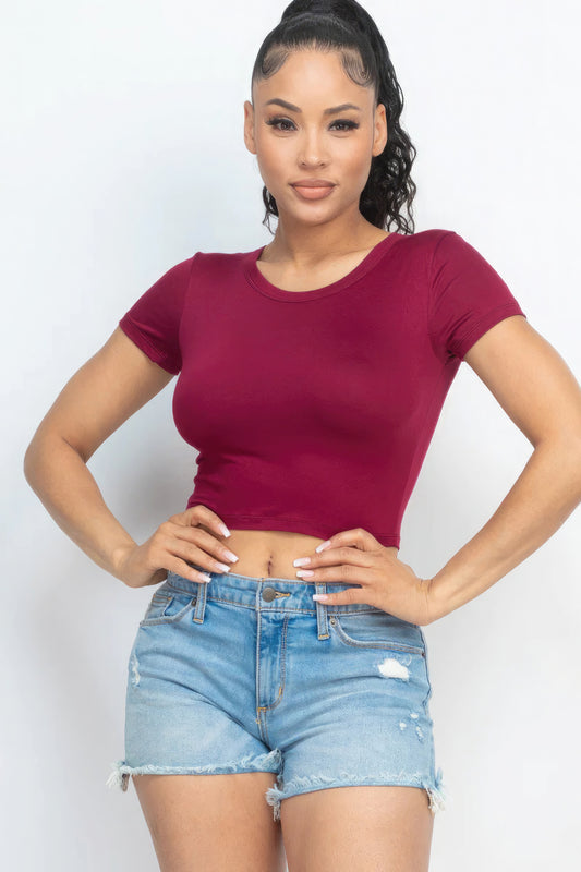 Short Sleeve Round Neck Crop Top – Polyester & Spandex, Perfect for Casual Outings & Trendy Looks with High-Waisted Bottoms