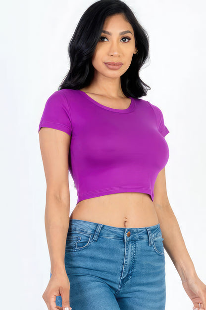 Short Sleeve Round Neck Crop Top – Polyester & Spandex, Perfect for Casual Outings & Trendy Looks with High-Waisted Bottoms