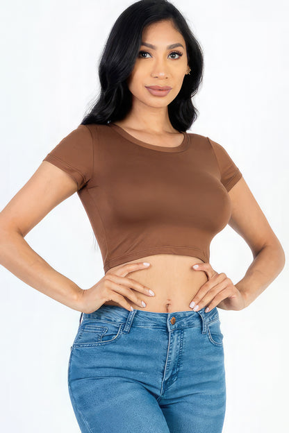 Short Sleeve Round Neck Crop Top – Polyester & Spandex, Perfect for Casual Outings & Trendy Looks with High-Waisted Bottoms