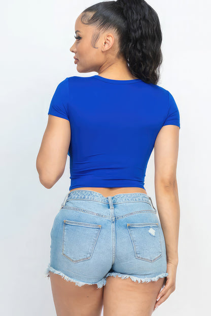 Short Sleeve Round Neck Crop Top – Polyester & Spandex, Perfect for Casual Outings & Trendy Looks with High-Waisted Bottoms