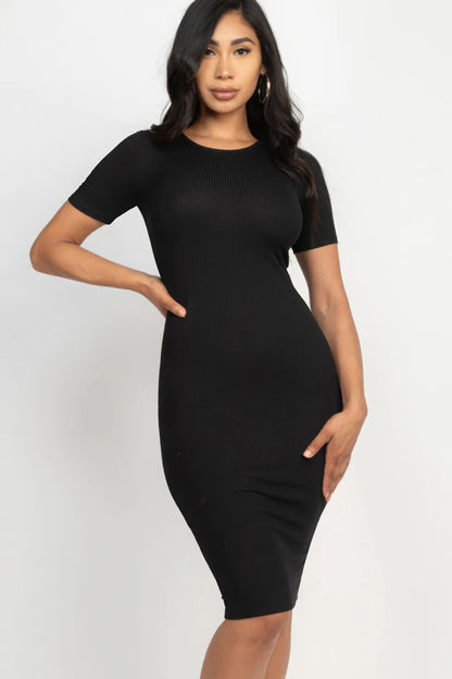 Ribbed Bodycon Midi Dress – Polyester & Spandex, Sleek Figure-Hugging Silhouette for a Chic Look, Perfect for Nights Out & Special Events