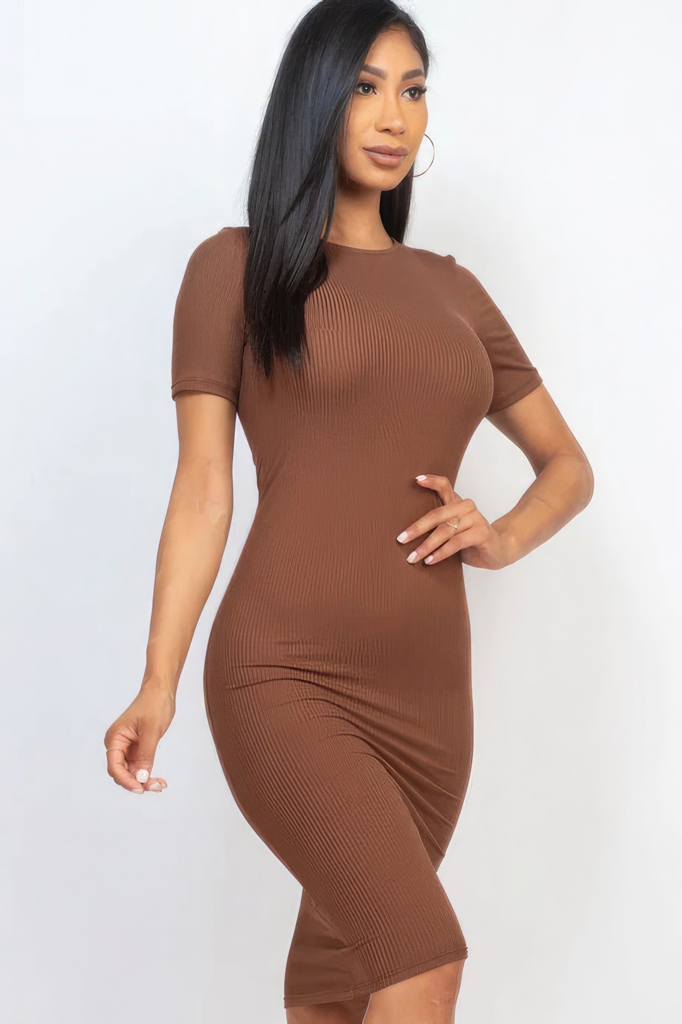 Ribbed Bodycon Midi Dress – Polyester & Spandex, Sleek Figure-Hugging Silhouette for a Chic Look, Perfect for Nights Out & Special Events