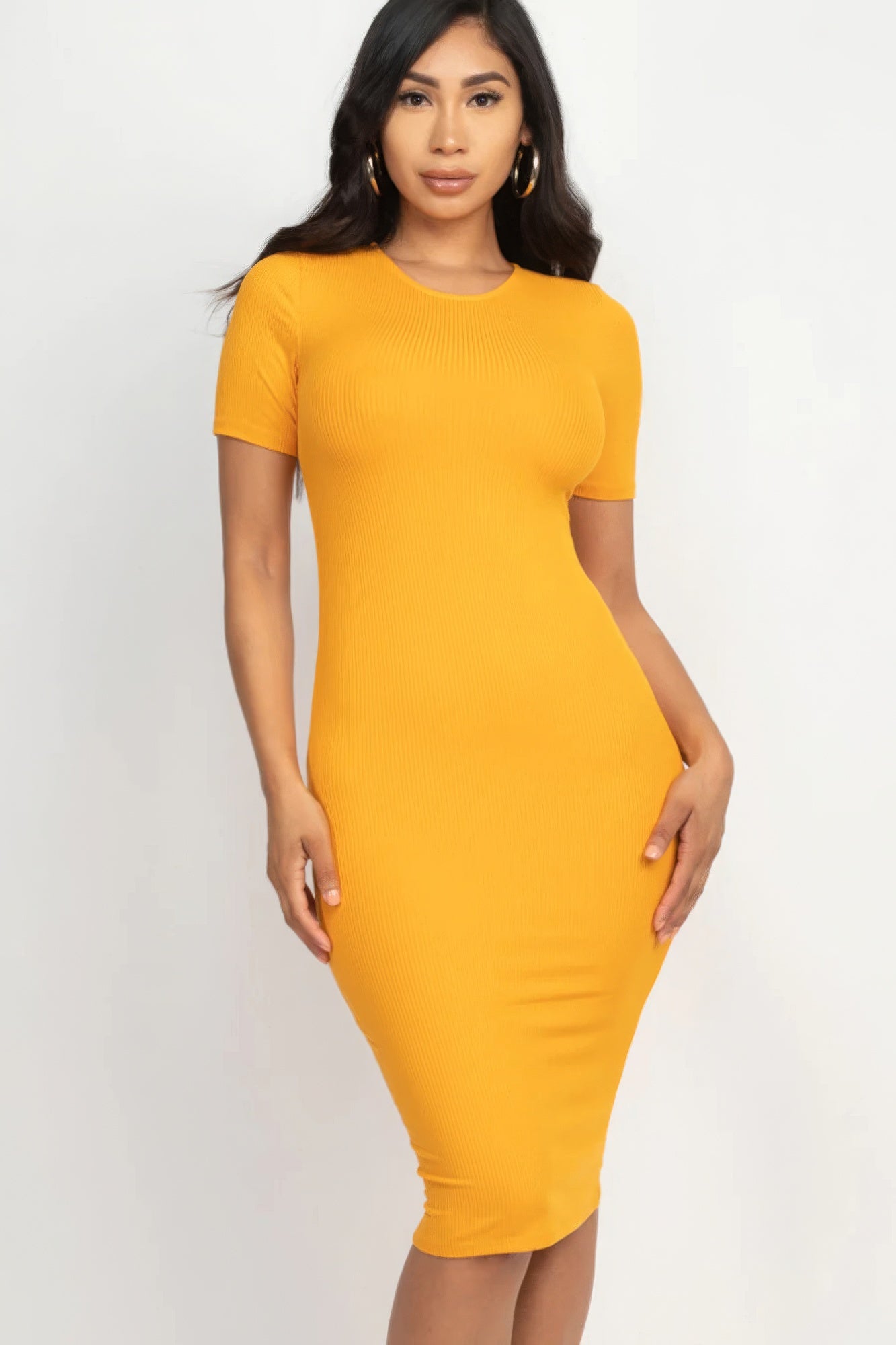 Ribbed Bodycon Midi Dress – Polyester & Spandex, Sleek Figure-Hugging Silhouette for a Chic Look, Perfect for Nights Out & Special Events