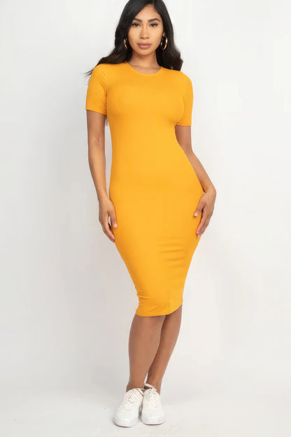 Ribbed Bodycon Midi Dress – Polyester & Spandex, Sleek Figure-Hugging Silhouette for a Chic Look, Perfect for Nights Out & Special Events