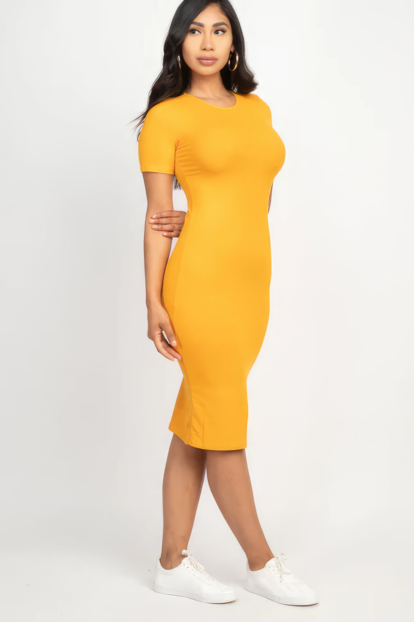 Ribbed Bodycon Midi Dress – Polyester & Spandex, Sleek Figure-Hugging Silhouette for a Chic Look, Perfect for Nights Out & Special Events