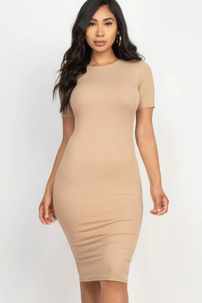 Ribbed Bodycon Midi Dress – Polyester & Spandex, Sleek Figure-Hugging Silhouette for a Chic Look, Perfect for Nights Out & Special Events