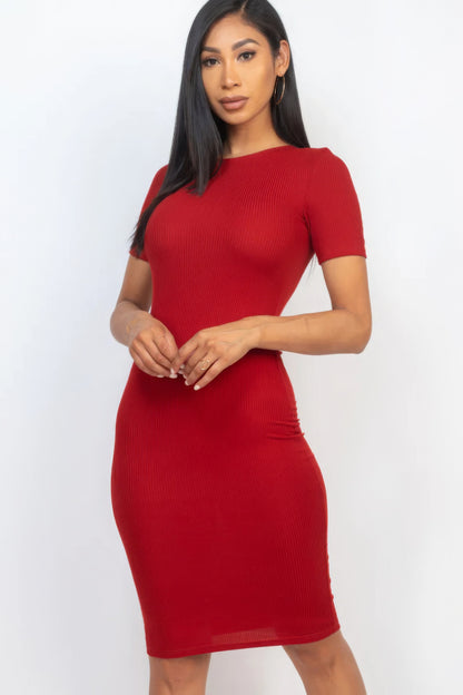 Ribbed Bodycon Midi Dress – Polyester & Spandex, Sleek Figure-Hugging Silhouette for a Chic Look, Perfect for Nights Out & Special Events