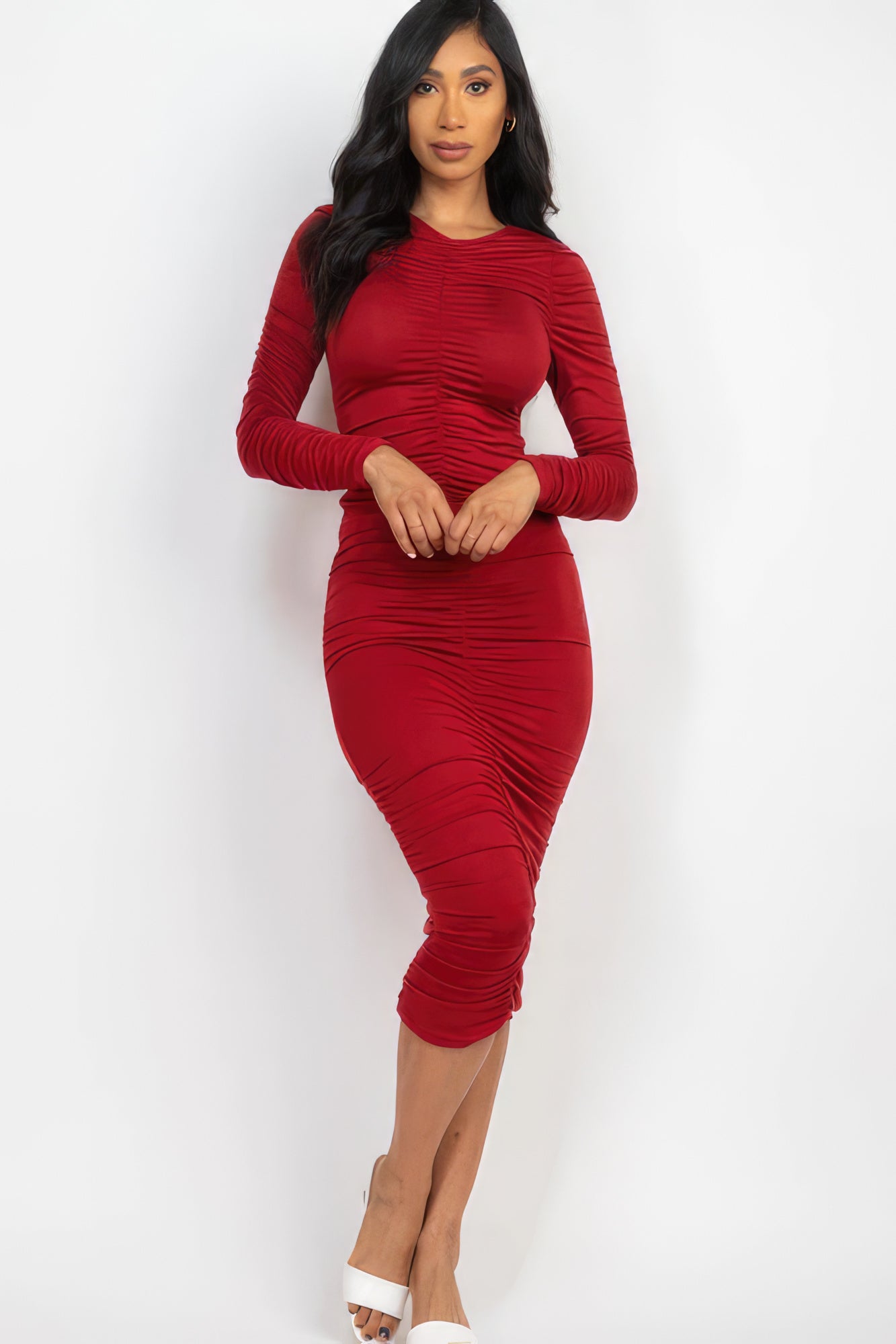 Ruched Long Sleeve Midi Dress – Polyester & Spandex, Flattering Fit for Nights Out & Special Events