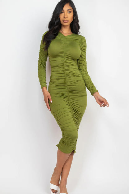 Ruched Long Sleeve Midi Dress – Polyester & Spandex, Flattering Fit for Nights Out & Special Events