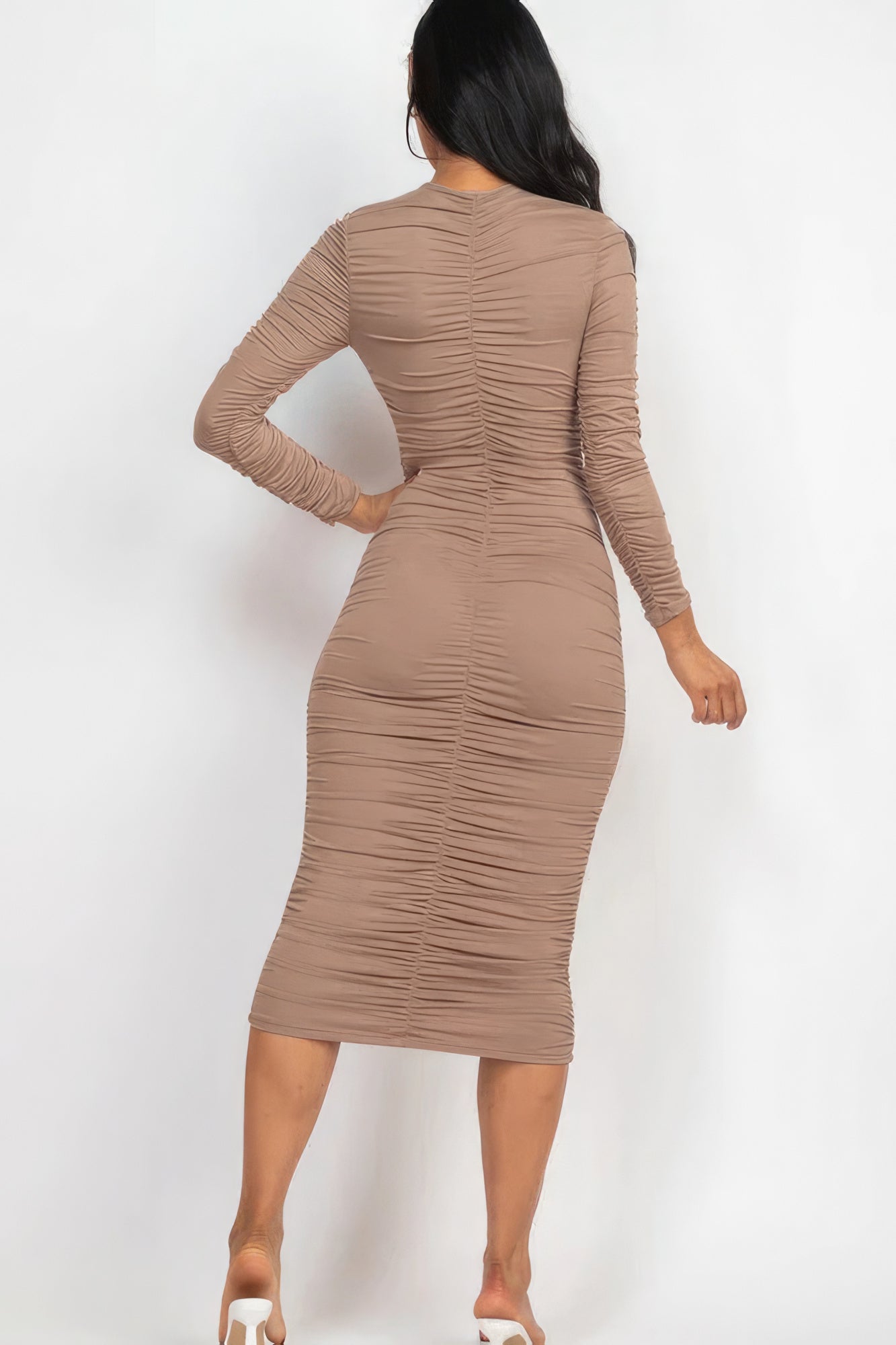 Ruched Long Sleeve Midi Dress – Polyester & Spandex, Flattering Fit for Nights Out & Special Events