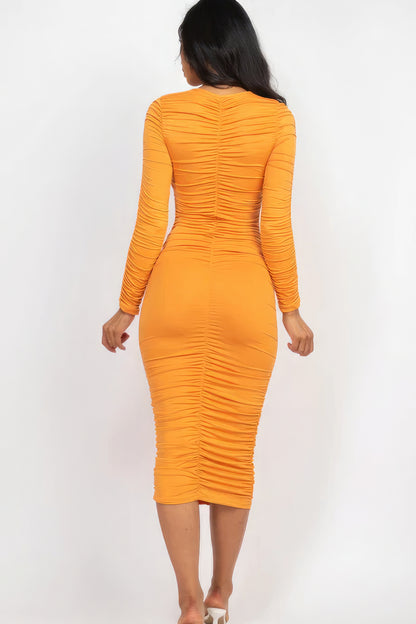 Ruched Long Sleeve Midi Dress – Polyester & Spandex, Flattering Fit for Nights Out & Special Events