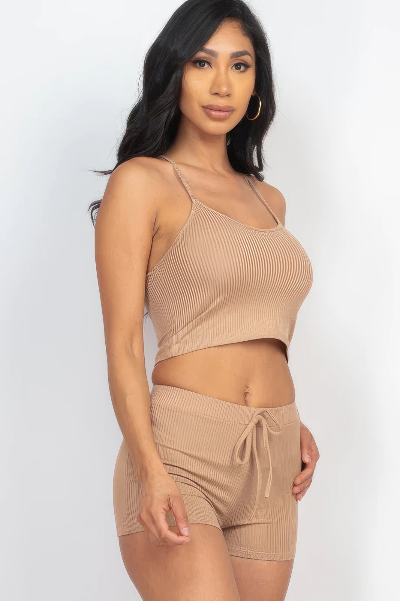 Ribbed Crop Cami Top & Shorts Set – Polyester & Spandex, Perfect for Lounging, Casual Outings & Effortless Style