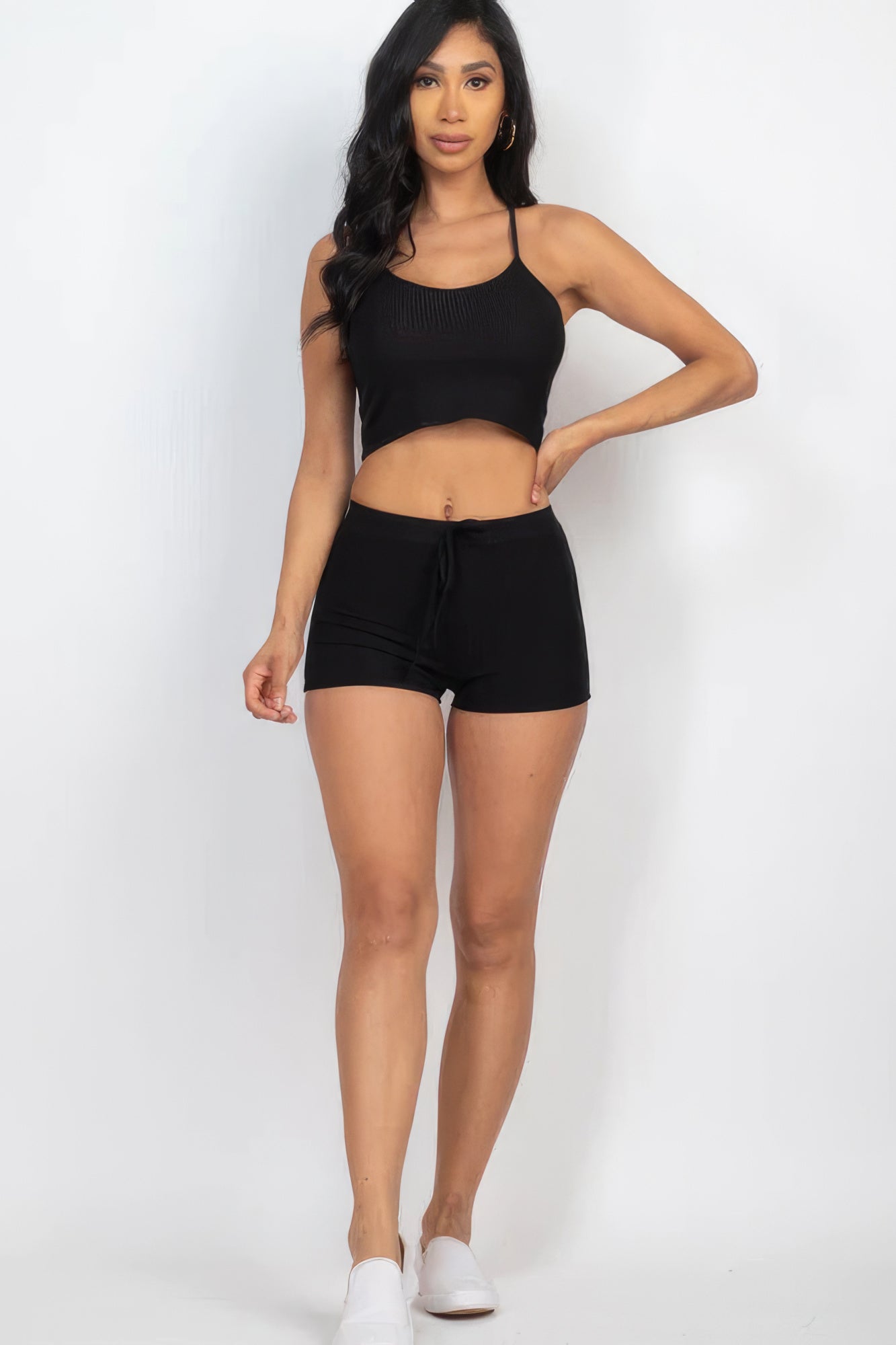 Ribbed Crop Cami Top & Shorts Set – Polyester & Spandex, Perfect for Lounging, Casual Outings & Effortless Style