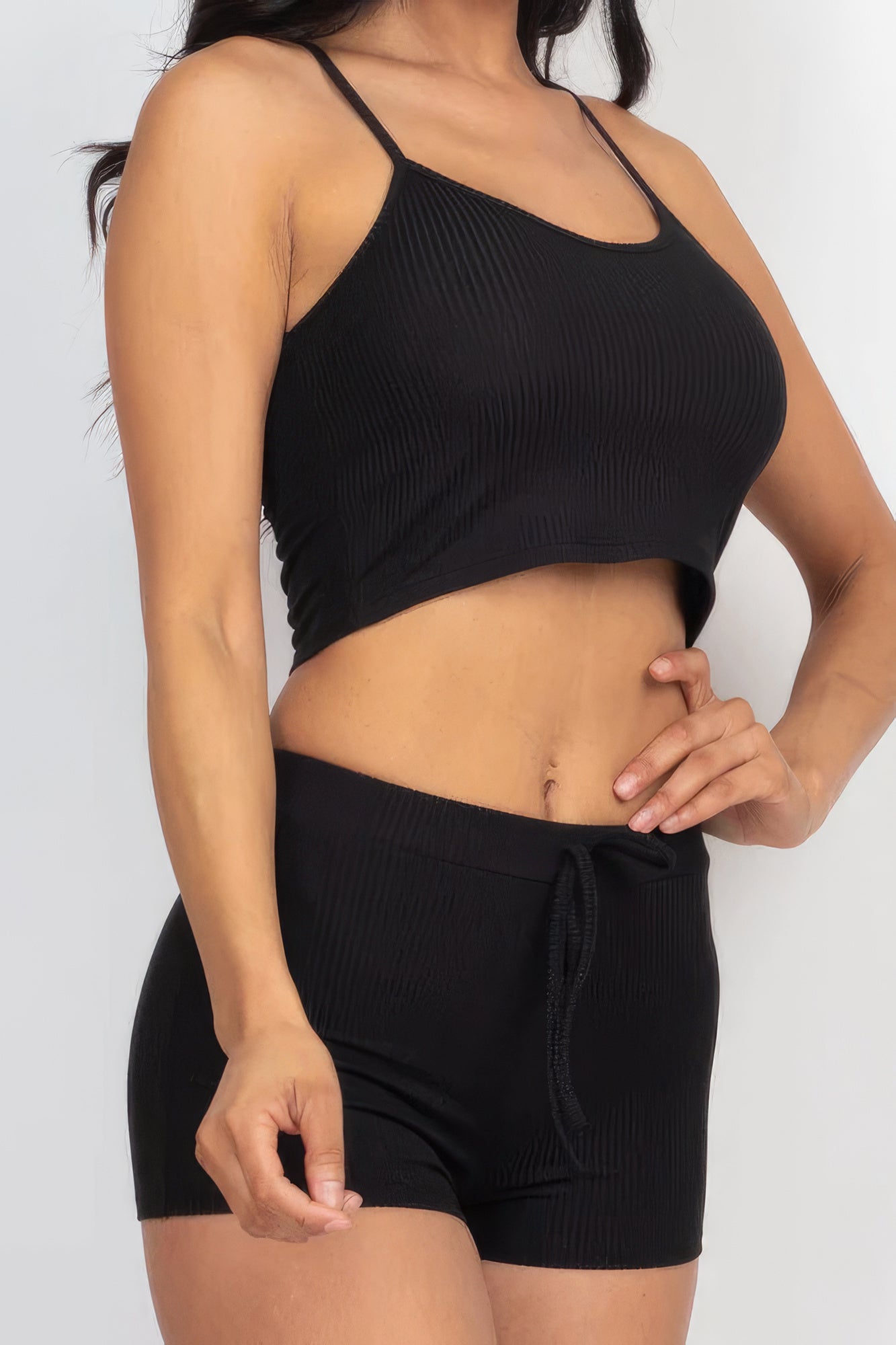 Ribbed Crop Cami Top & Shorts Set – Polyester & Spandex, Perfect for Lounging, Casual Outings & Effortless Style