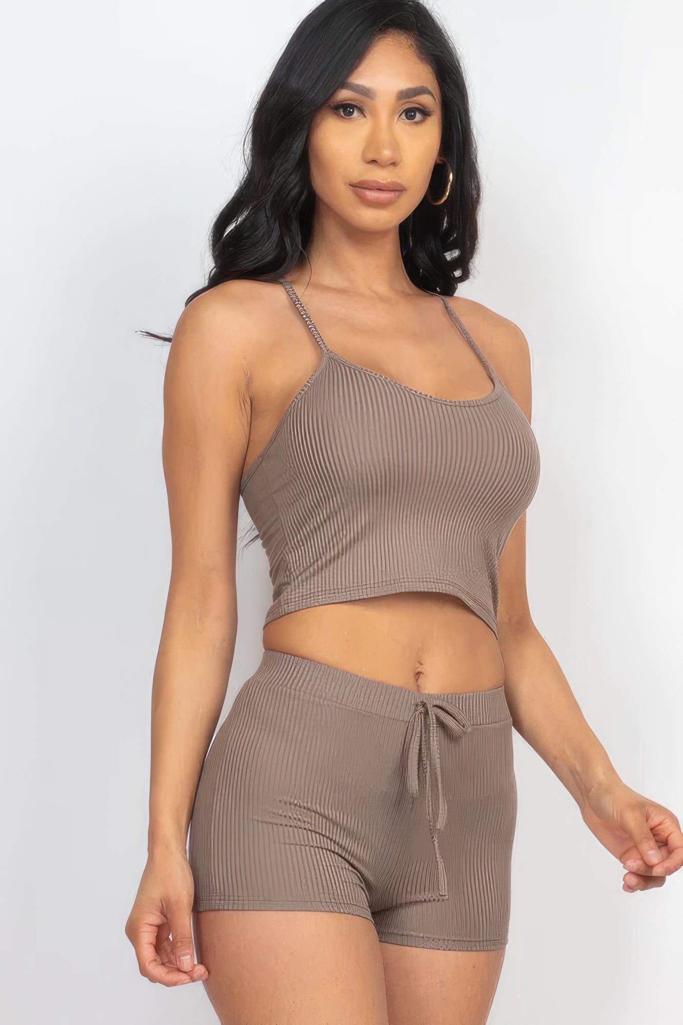 Ribbed Crop Cami Top & Shorts Set – Polyester & Spandex, Perfect for Lounging, Casual Outings & Effortless Style