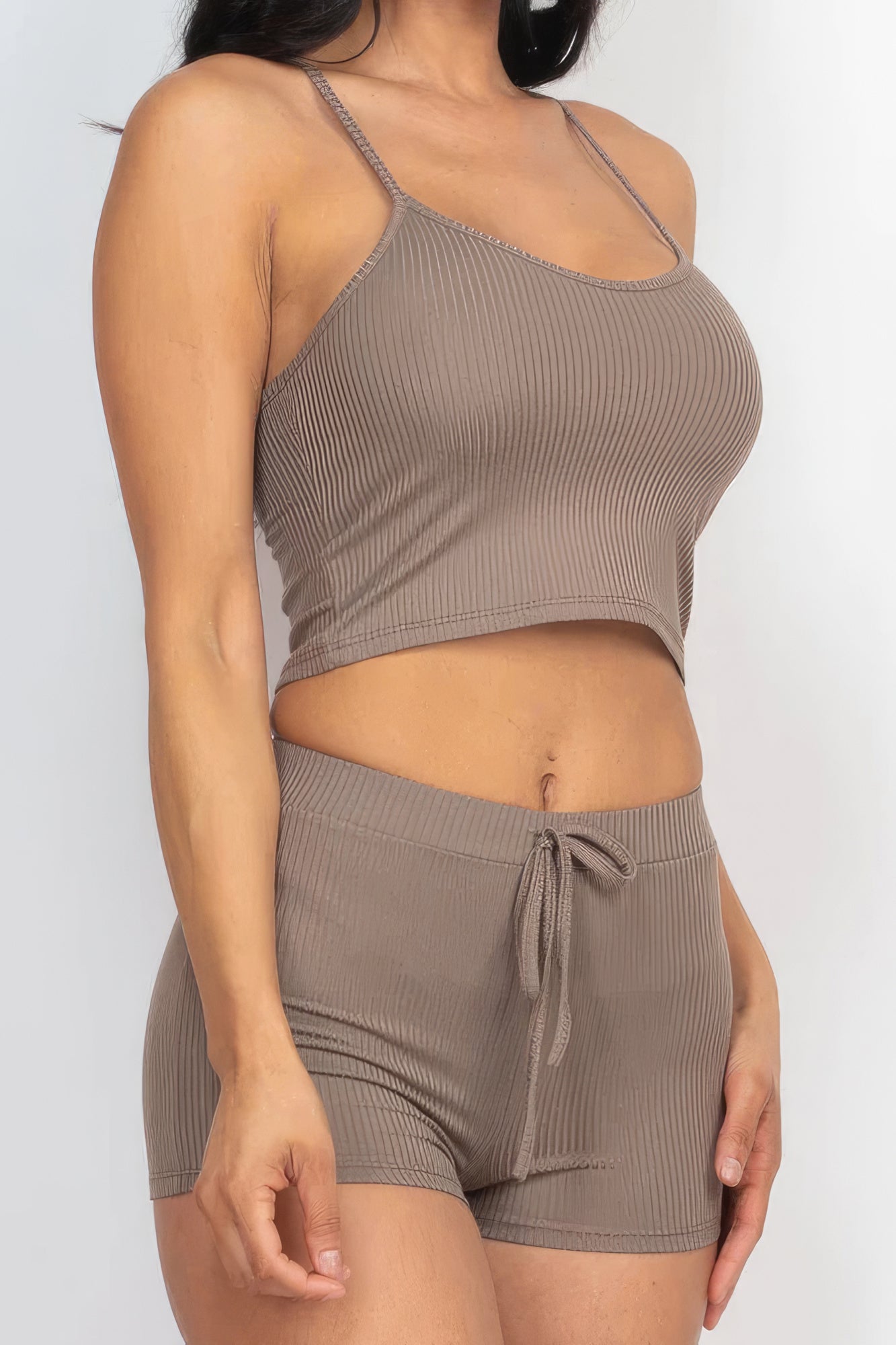 Ribbed Crop Cami Top & Shorts Set – Polyester & Spandex, Perfect for Lounging, Casual Outings & Effortless Style