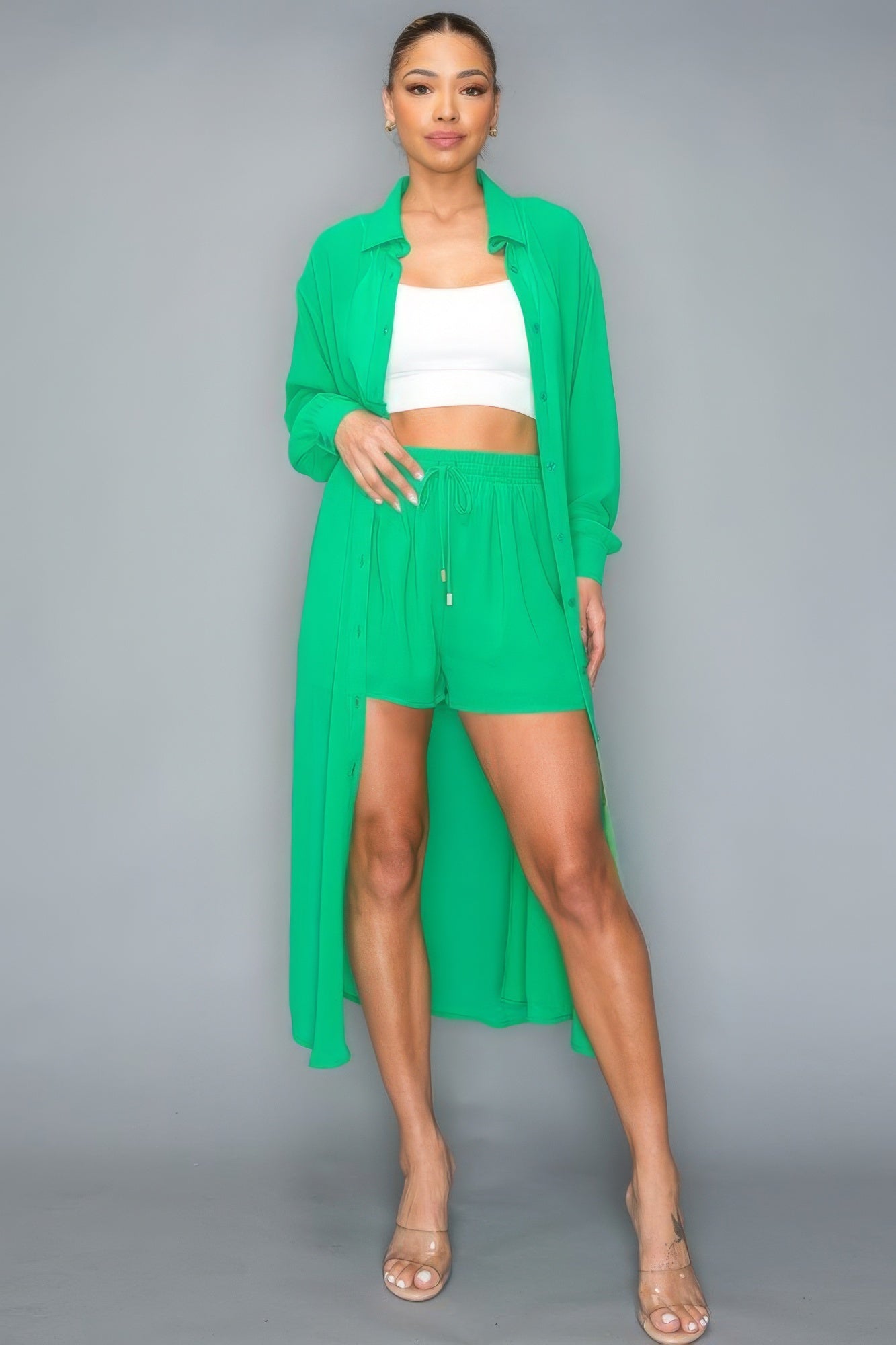 Chiffon Button Down Long Sleeve Side Slit Top with Shorts Set – Stylish, Breezy, and Perfect for Effortless Summer Outfits