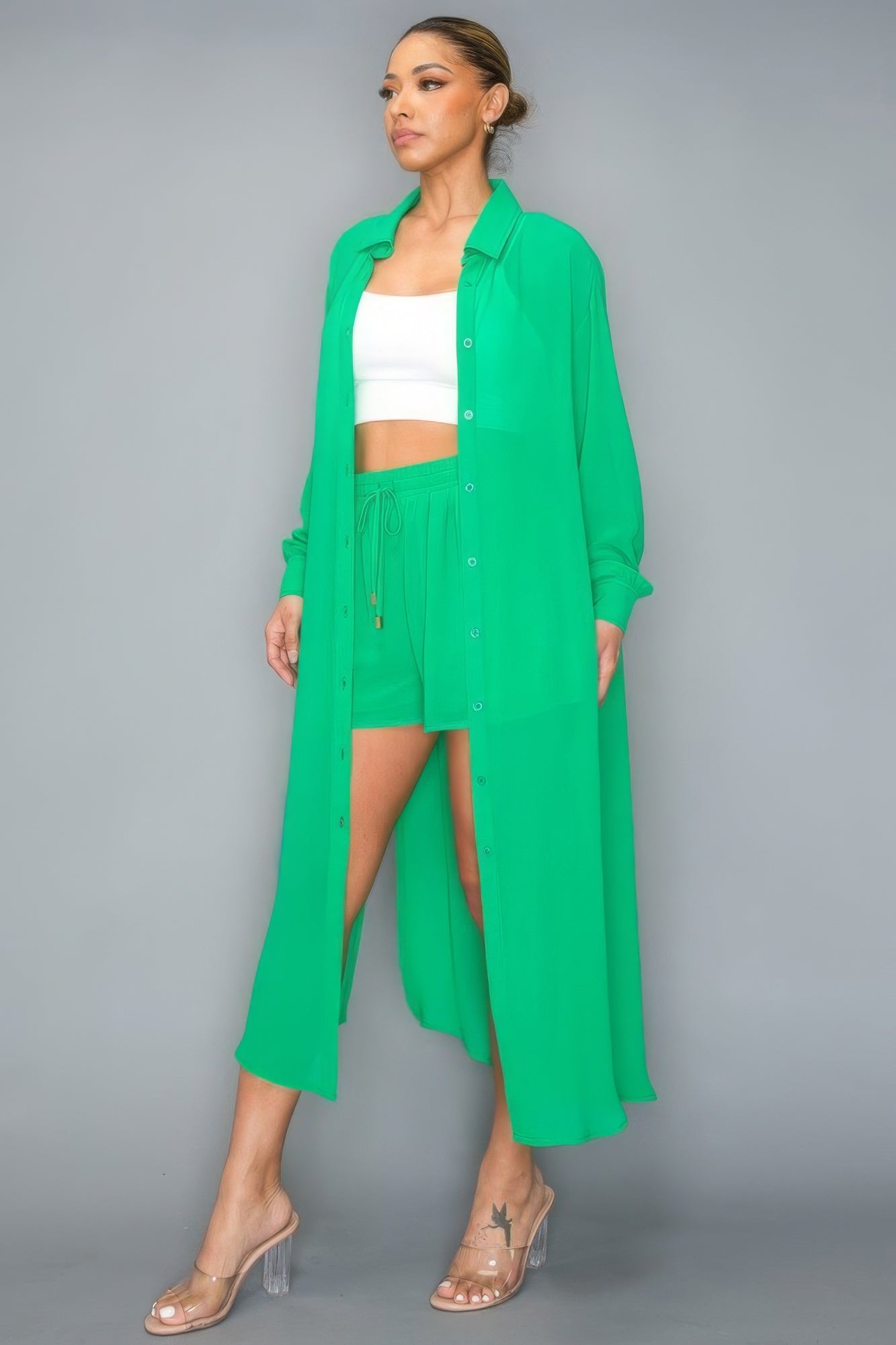 Chiffon Button Down Long Sleeve Side Slit Top with Shorts Set – Stylish, Breezy, and Perfect for Effortless Summer Outfits