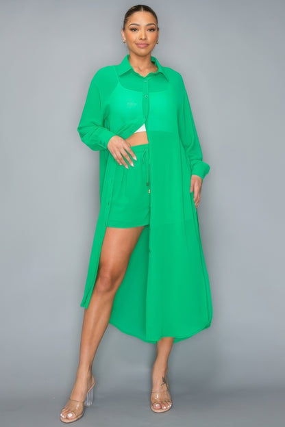 Chiffon Button Down Long Sleeve Side Slit Top with Shorts Set – Stylish, Breezy, and Perfect for Effortless Summer Outfits