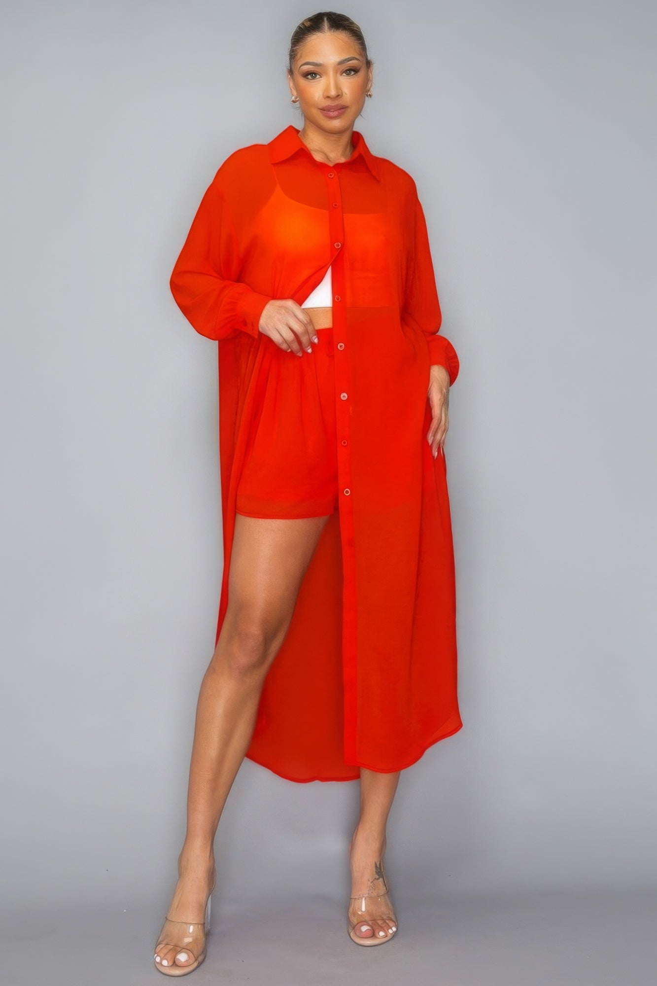 Chiffon Button Down Long Sleeve Side Slit Top with Shorts Set – Stylish, Breezy, and Perfect for Effortless Summer Outfits