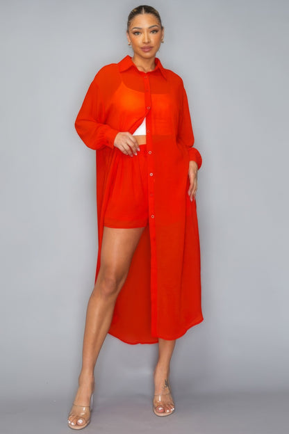 Chiffon Button Down Long Sleeve Side Slit Top with Shorts Set – Stylish, Breezy, and Perfect for Effortless Summer Outfits