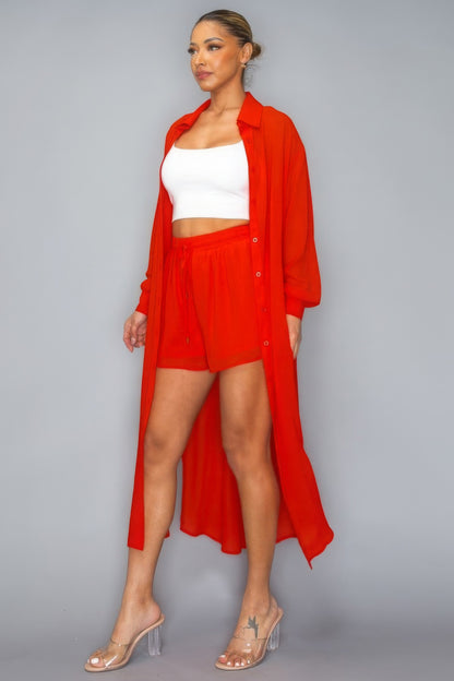 Chiffon Button Down Long Sleeve Side Slit Top with Shorts Set – Stylish, Breezy, and Perfect for Effortless Summer Outfits