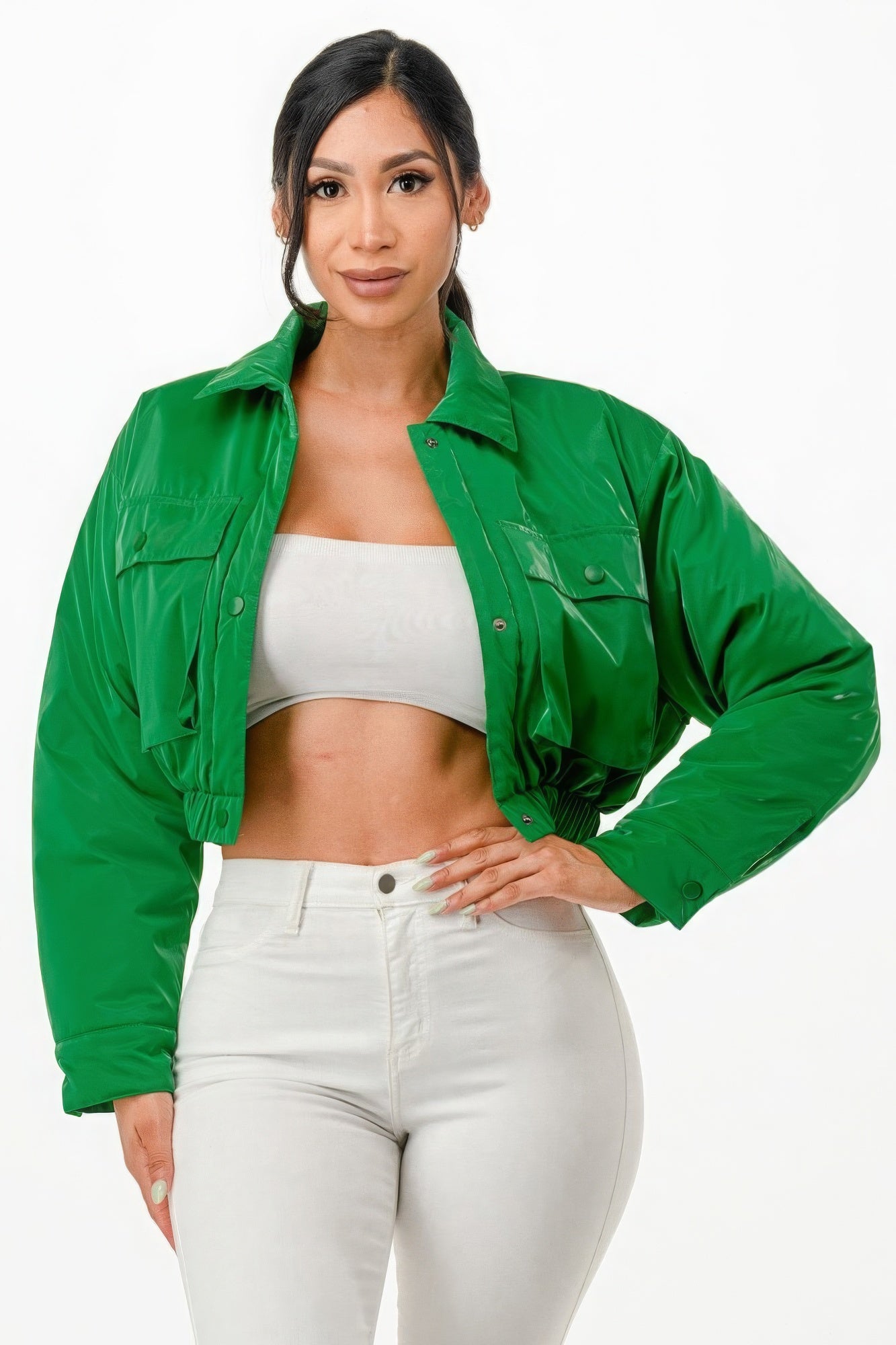 Shiny Puffer Bomber Jacket – Polyester, Sleek Shiny Finish, Front Pockets & Snap Button Closure, Perfect for Casual Outings & Evening Events