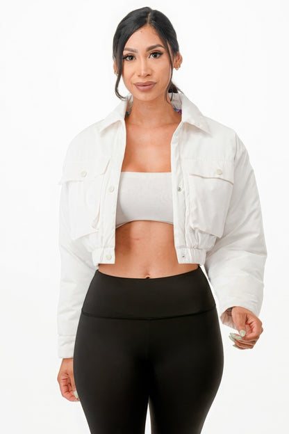 Shiny Puffer Bomber Jacket – Polyester, Sleek Shiny Finish, Front Pockets & Snap Button Closure, Perfect for Casual Outings & Evening Events