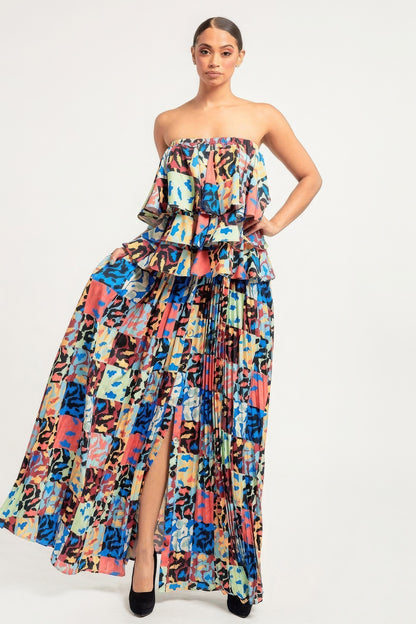 Printed Ruffle Top and Pleated Skirt Set – Versatile Off-Shoulder, One-Shoulder, or Tank Style, Elastic Band for Comfort, Perfect for Brunches, Parties, and Casual Outings, Made with Polyester for a Soft Fit.