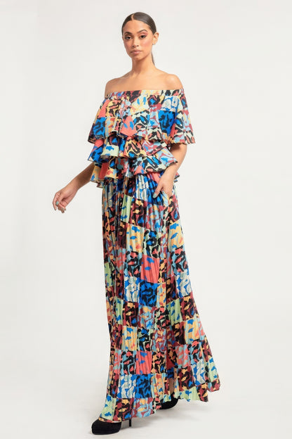 Printed Ruffle Top and Pleated Skirt Set – Versatile Off-Shoulder, One-Shoulder, or Tank Style, Elastic Band for Comfort, Perfect for Brunches, Parties, and Casual Outings, Made with Polyester for a Soft Fit.