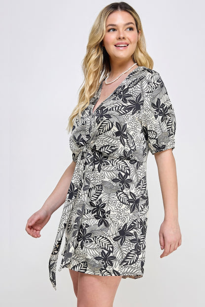 Plus Size Botanical Print Front Tie Dress – Elegant Black, Durable Polyester, Flattering Fit for All Body Types, Easily Styled Up or Down for Any Occasion