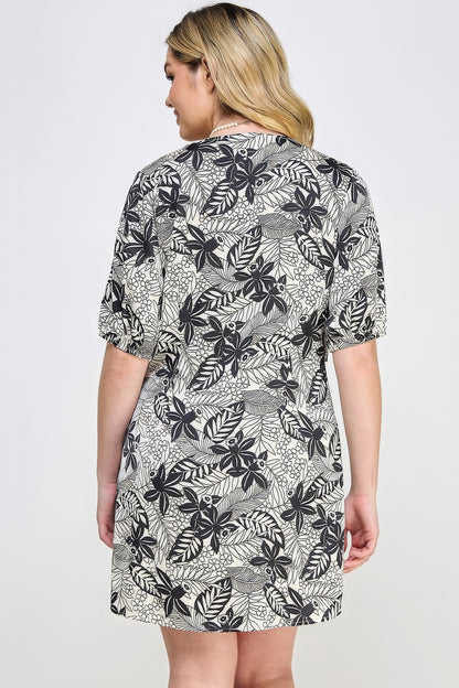 Plus Size Botanical Print Front Tie Dress – Elegant Black, Durable Polyester, Flattering Fit for All Body Types, Easily Styled Up or Down for Any Occasion