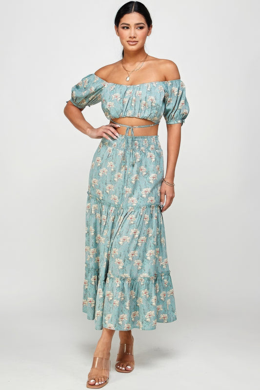 Floral Off-Shoulder Top & Skirt Set with Back Tie | Elegant & Comfortable Ensemble in Luxurious Polyester