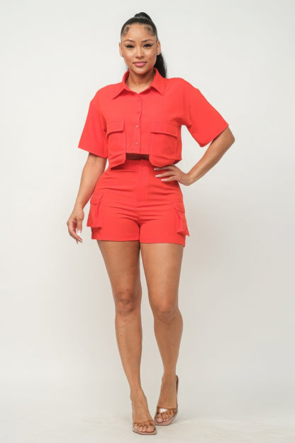 Front Button-Down Top & Shorts Set with Side Pockets – Luxurious 95% Polyester, 5% Spandex Blend for Comfort & Style