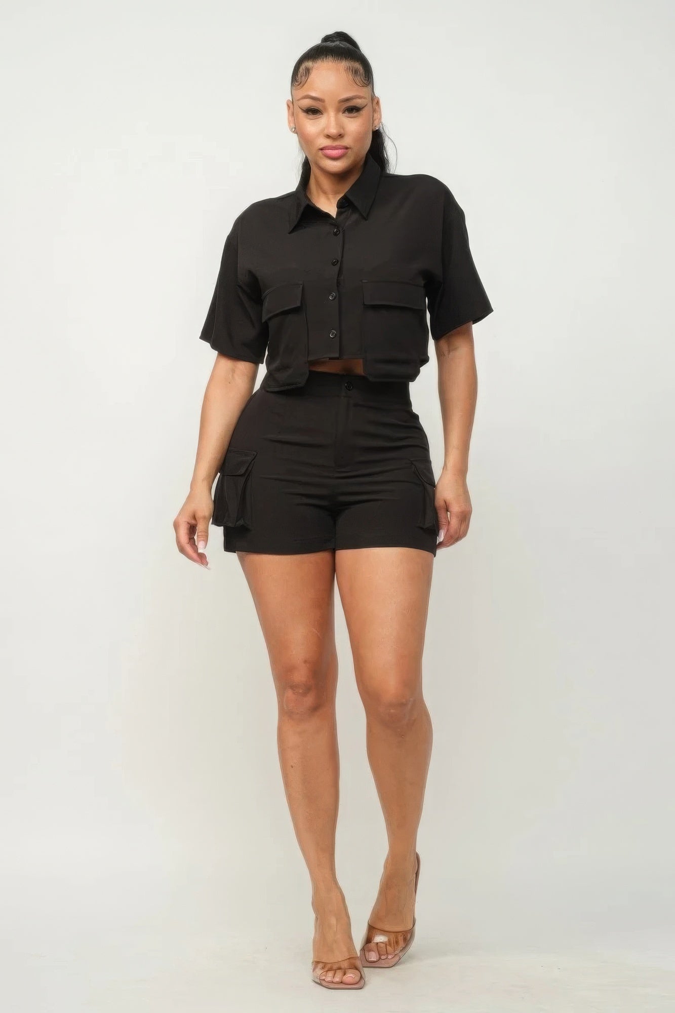 Front Button-Down Top & Shorts Set with Side Pockets – Luxurious 95% Polyester, 5% Spandex Blend for Comfort & Style