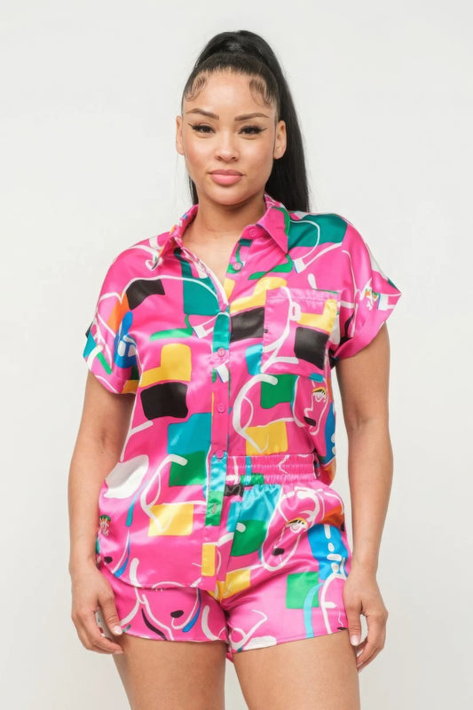 Satin Dolman Print Button-Down Top & Shorts Set – Polyester-Spandex Blend, Perfect for Casual Outings, Lounging, or Errands, Flattering Fit for All Body Types