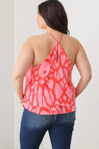 Plus Size Abstract Print Halter Top – Ruffle Hem, Bold Red & Pink Pattern, Sleeveless Design, Perfect for Summer Vacations & Sunny Days