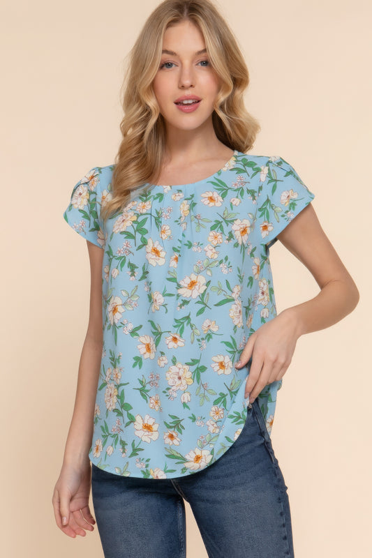 Short Tulip Sleeve Floral Print Woven Top – Polyester & Spandex Blend, Perfect for Work Meetings, Brunches, and Casual Outings