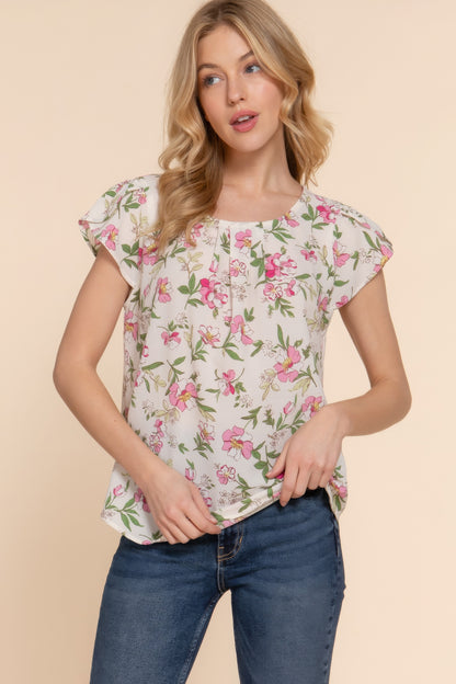 Short Tulip Sleeve Floral Print Woven Top – Polyester & Spandex Blend, Perfect for Work Meetings, Brunches, and Casual Outings