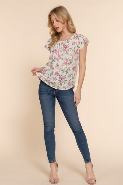 Short Tulip Sleeve Floral Print Woven Top – Polyester & Spandex Blend, Perfect for Work Meetings, Brunches, and Casual Outings