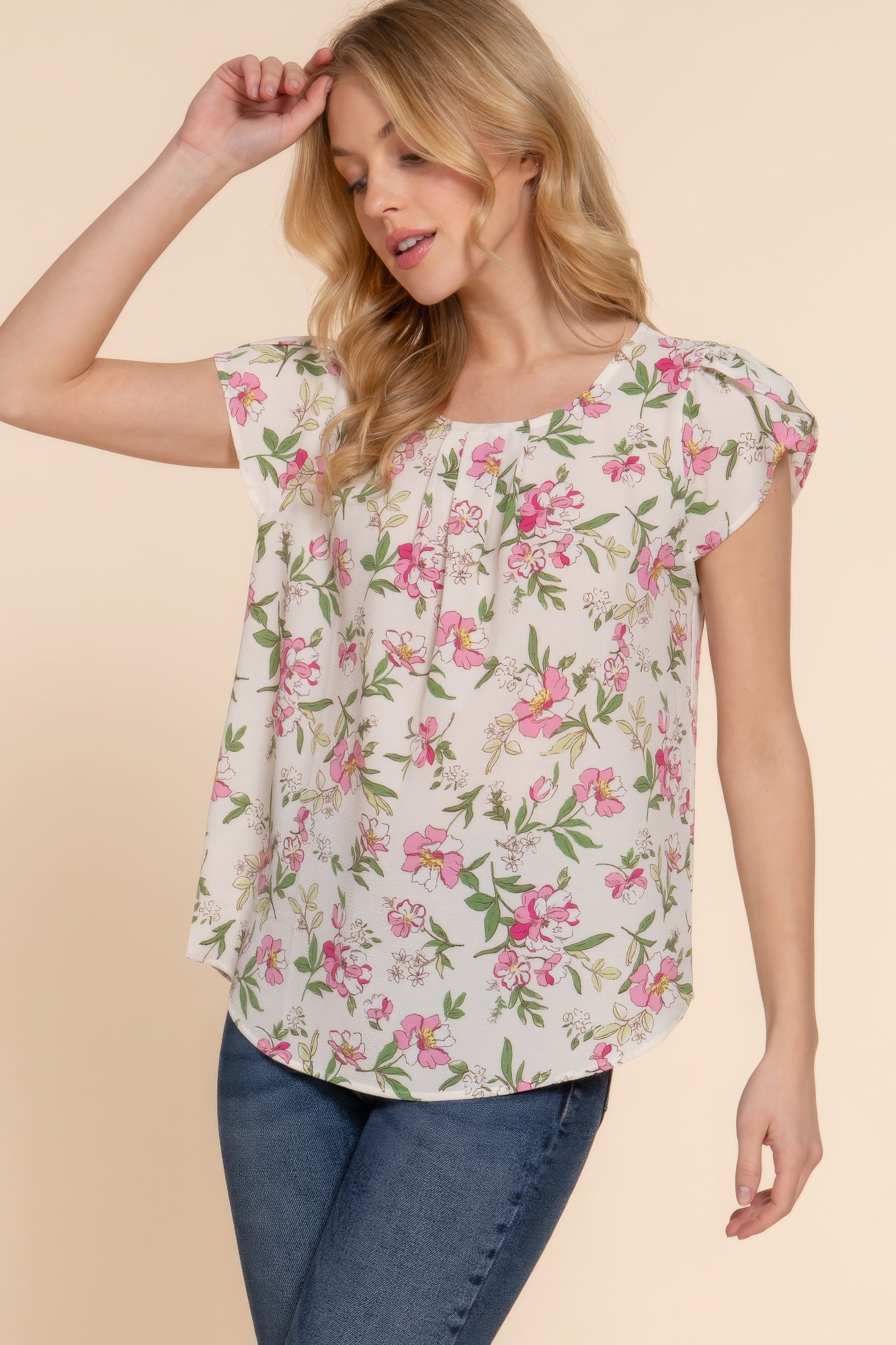 Short Tulip Sleeve Floral Print Woven Top – Polyester & Spandex Blend, Perfect for Work Meetings, Brunches, and Casual Outings