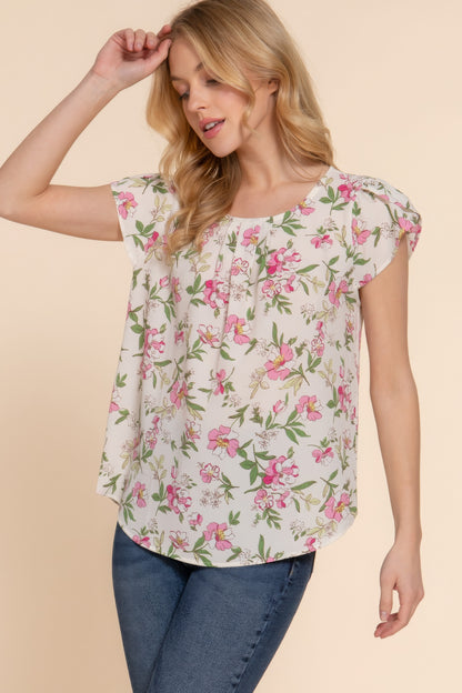 Short Tulip Sleeve Floral Print Woven Top – Polyester & Spandex Blend, Perfect for Work Meetings, Brunches, and Casual Outings