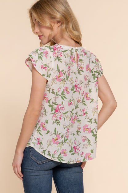 Short Tulip Sleeve Floral Print Woven Top – Polyester & Spandex Blend, Perfect for Work Meetings, Brunches, and Casual Outings