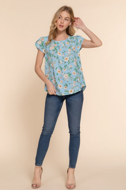 Short Tulip Sleeve Floral Print Woven Top – Polyester & Spandex Blend, Perfect for Work Meetings, Brunches, and Casual Outings