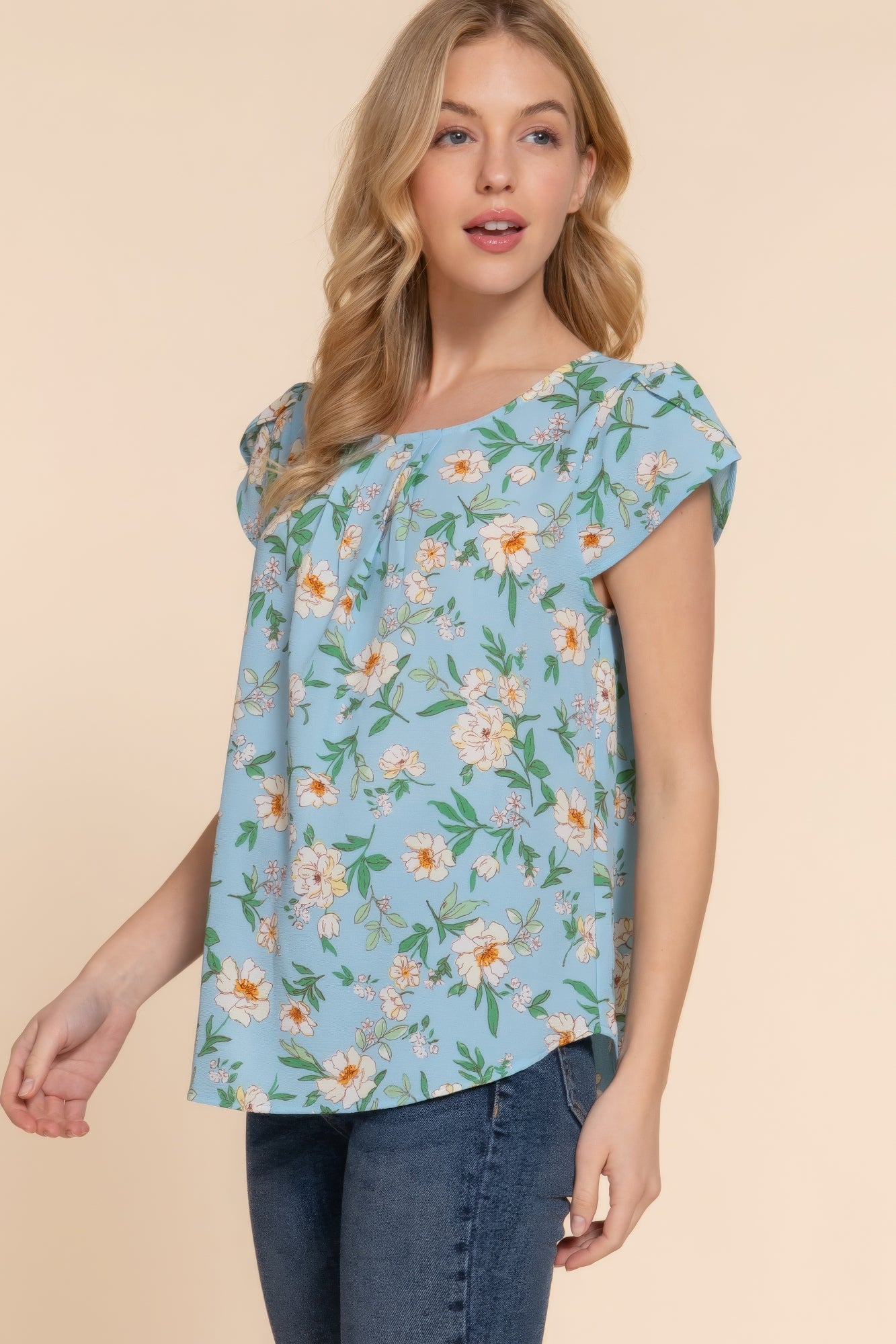 Short Tulip Sleeve Floral Print Woven Top – Polyester & Spandex Blend, Perfect for Work Meetings, Brunches, and Casual Outings