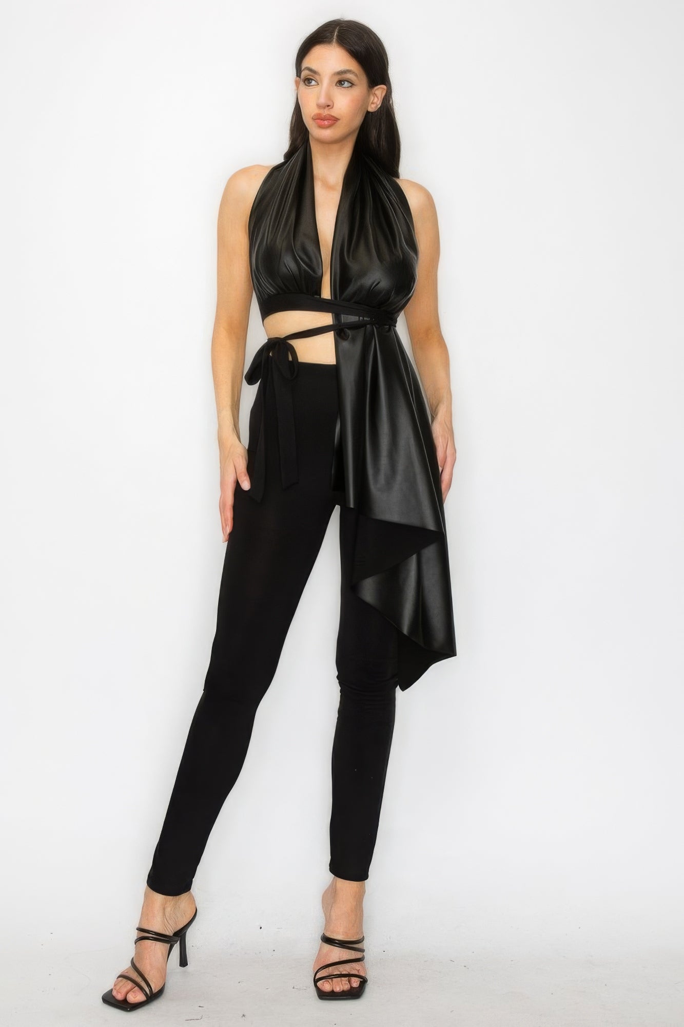 Faux Leather Top & High-Waist Pants Set | Sophisticated Ensemble with Adjustable Tie for Versatile Style