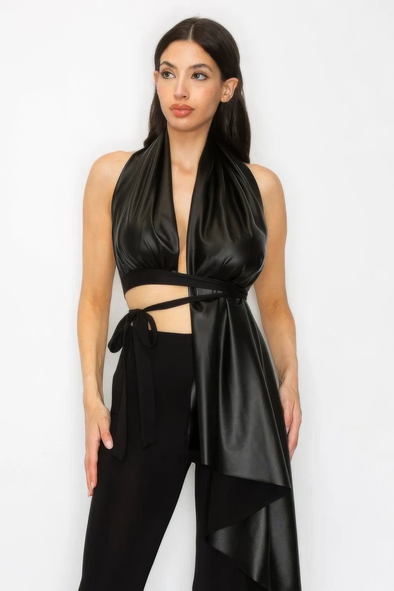 Faux Leather Top & High-Waist Pants Set | Sophisticated Ensemble with Adjustable Tie for Versatile Style