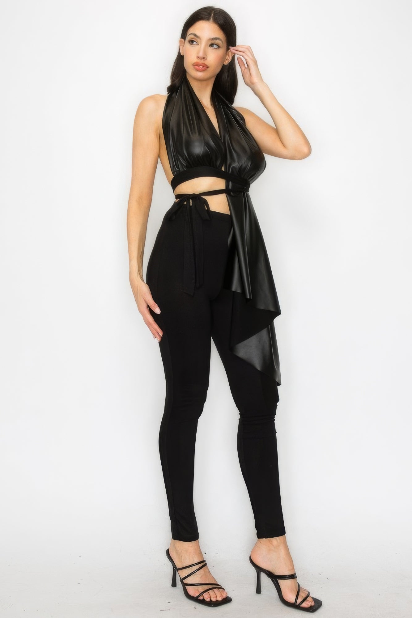 Faux Leather Top & High-Waist Pants Set | Sophisticated Ensemble with Adjustable Tie for Versatile Style