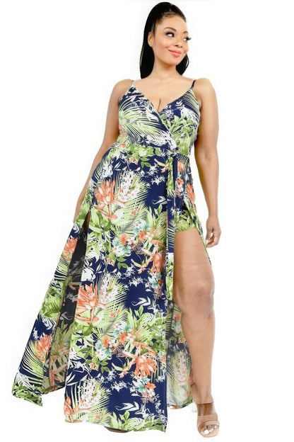 Plus Size Tropical Leaf Print Surplice Maxi Dress with Navy & Olive Shades – V-Neck Wrap Front, Built-In Shorts, and Waist-Cinching Belt, Perfect for Beach Vacations, Summer Parties, and Outdoor Events